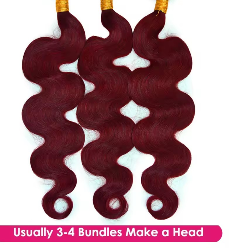 Three burgundy hair bundles with gold ties on a white background