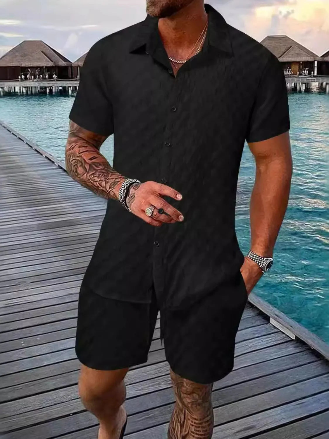 Men's Collared Neck Short Sleeve Top and Shorts Set