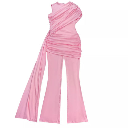 Ruched One-Shoulder Flare Leg Jumpsuit