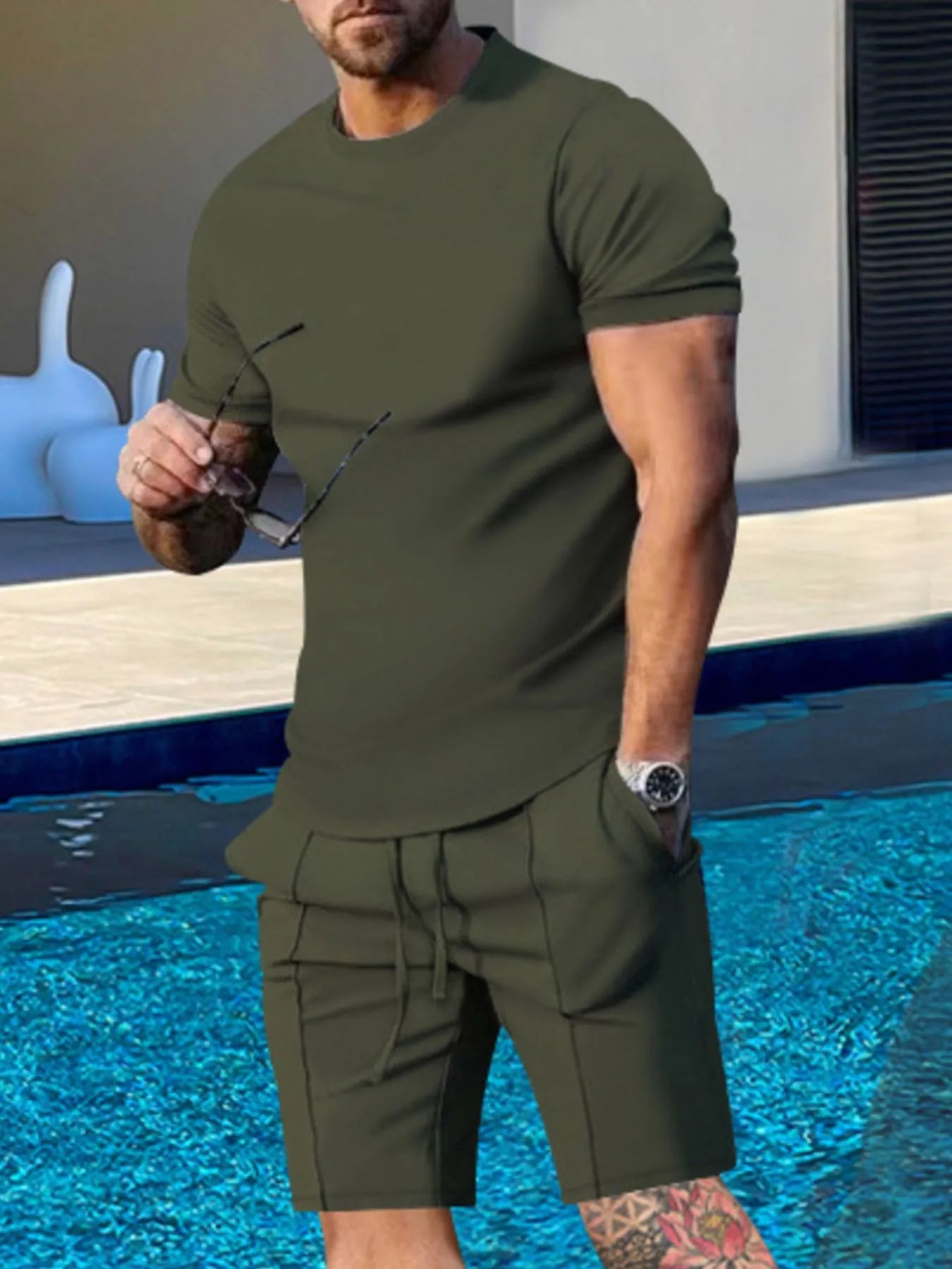 Men's Round Neck Short Sleeve Top and Shorts Set