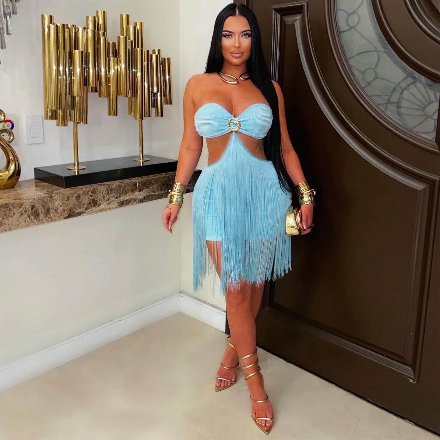 Strapless fringe skirt dress