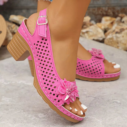Floral Accent Block Heel Sandals