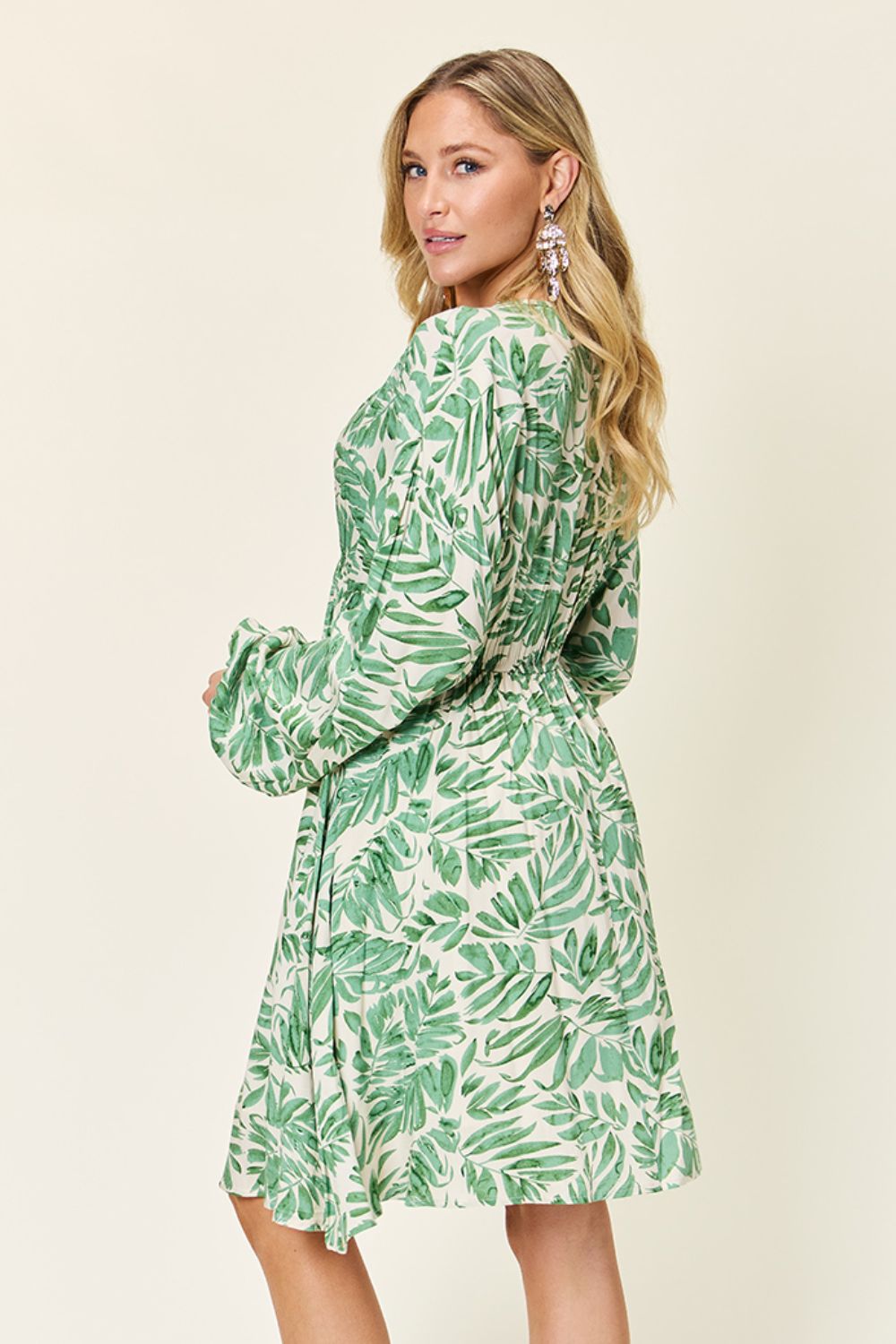 Printed Ruched Balloon Sleeve Dress - MONLANE