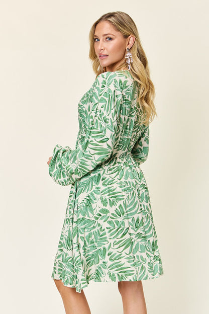 Printed Ruched Balloon Sleeve Dress - MONLANE