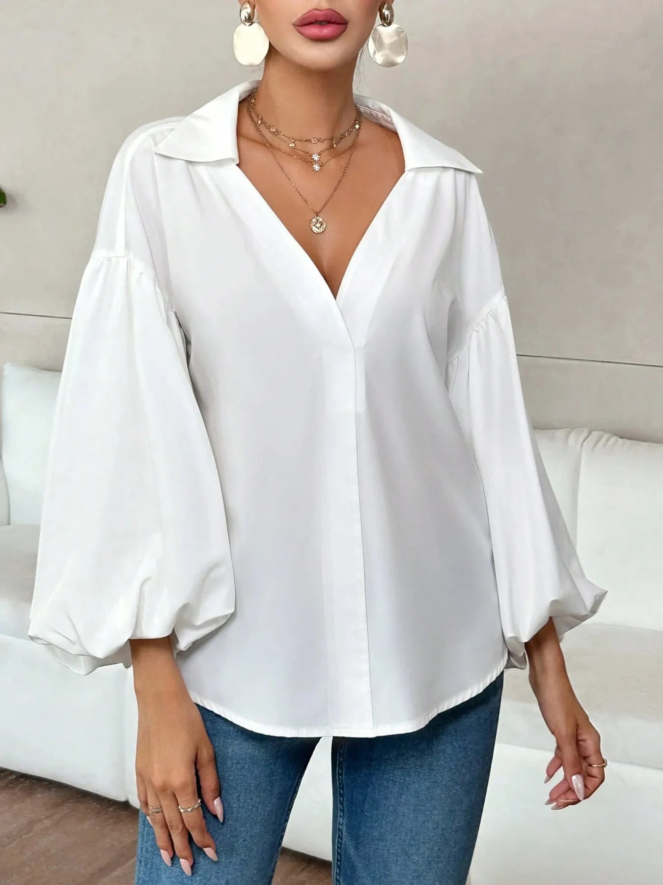 Polka Dot Balloon Sleeve Blouse