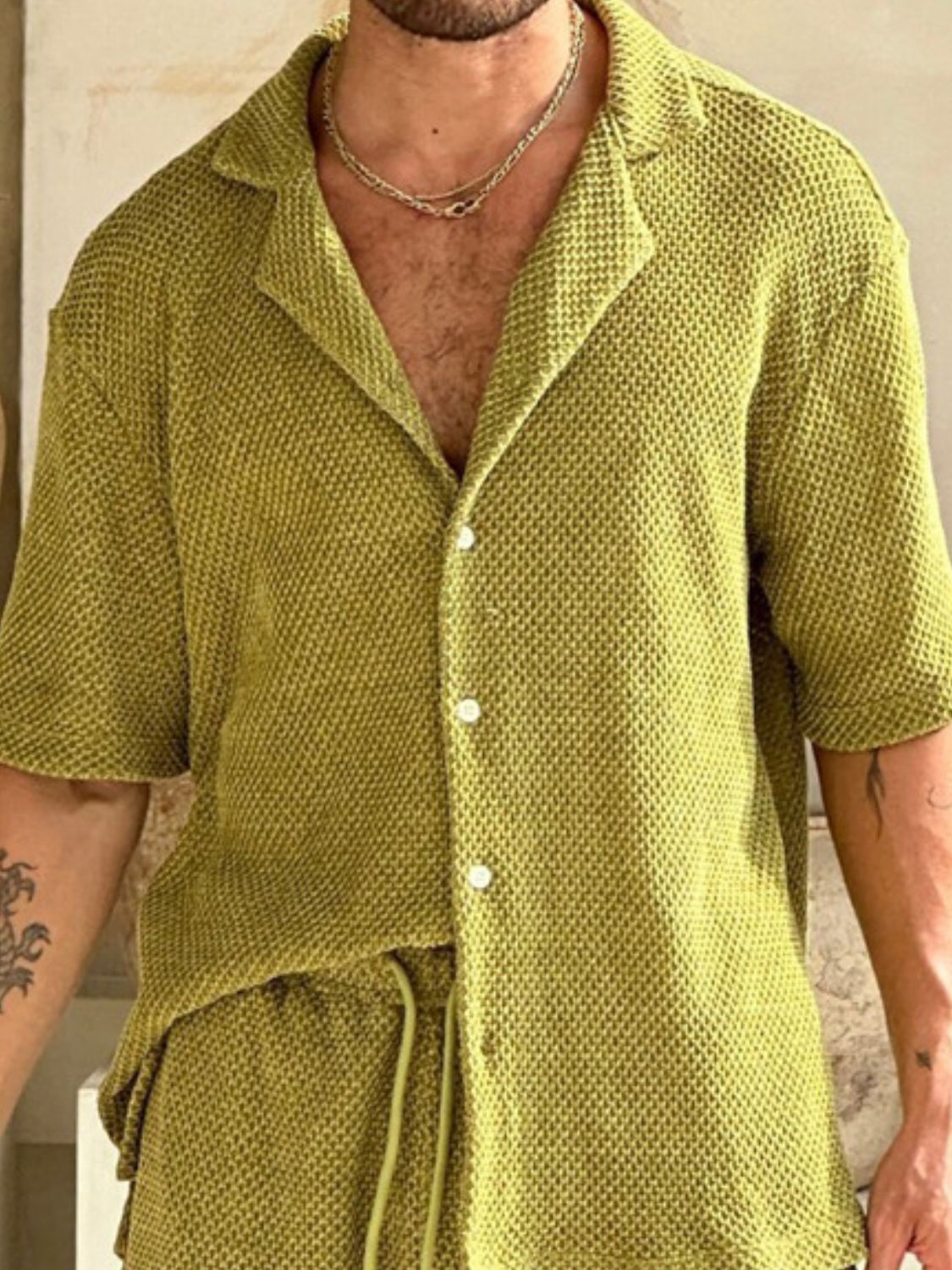 Men's Plus Size Button Down Shorts Set