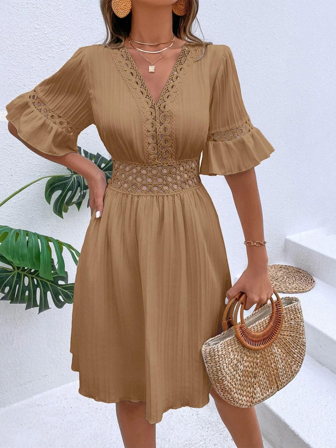 V-Neck Flounce Sleeve Mini Dress