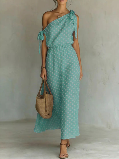 Polka Dot One-Shoulder Maxi Dress