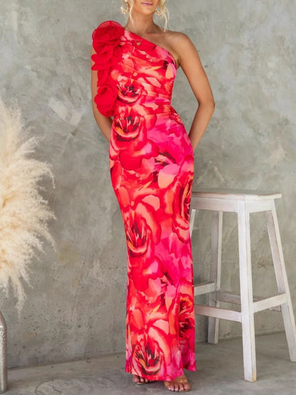 Floral Print One-Shoulder Dress
