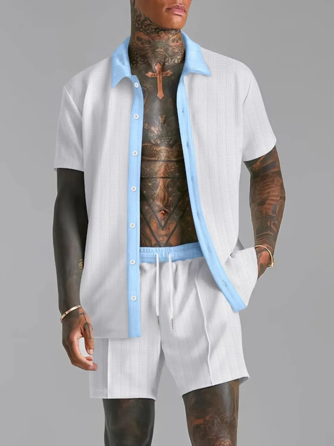 Men's Full Size Detailed Top and Shorts Set