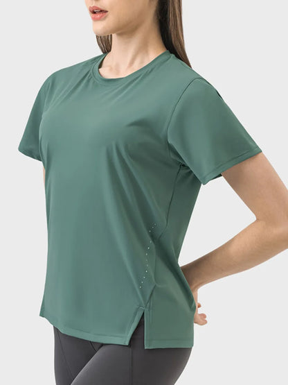 Millennia Slit Round Neck Short Sleeve Active T-Shirt