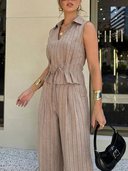 Sleeveless Striped Top & Wide Leg Pants Set
