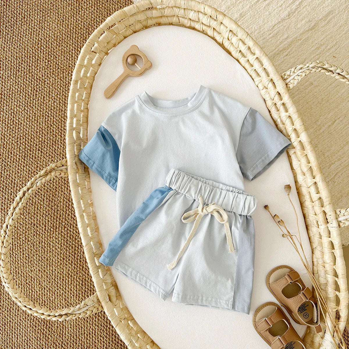 2Pcs Kids Solid Short Sleeve Elastic Waist Suit