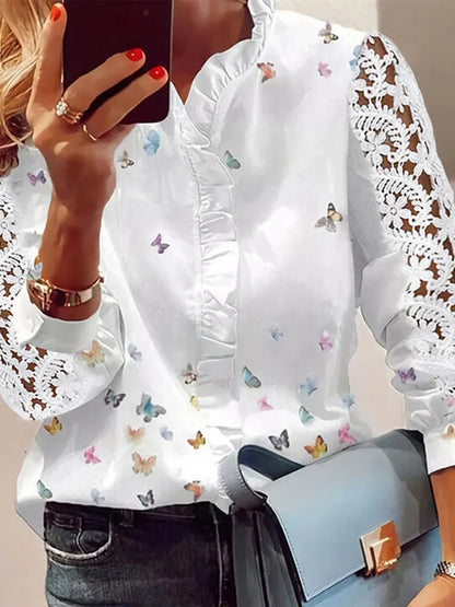 Elegant Long Sleeve Butterfly Print Top