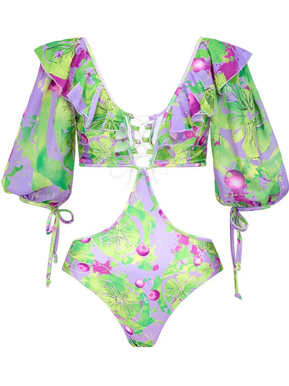V Neck Hollow Out Print Swimsuit Women One Piece Swimwear