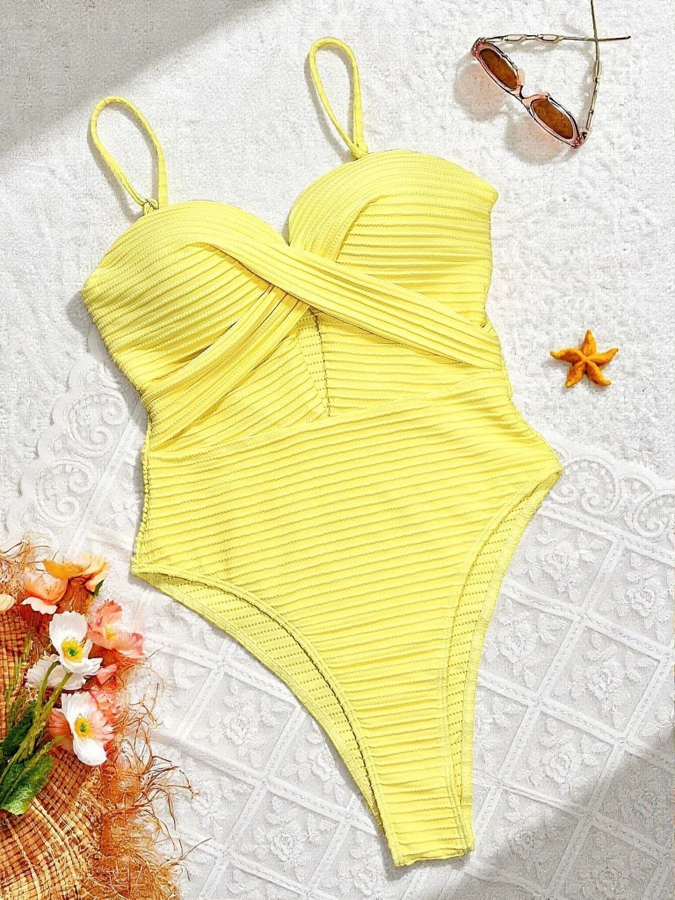 Sexy Yellow Swimwear Women 2026 Hollow Out Cross Slim