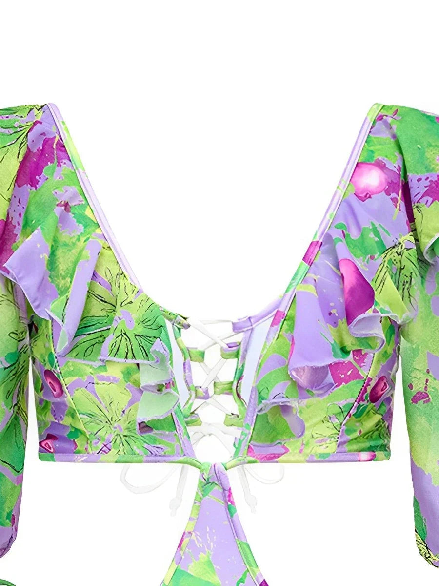 V Neck Hollow Out Print Swimsuit Women One Piece Swimwear