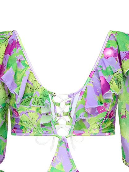 V Neck Hollow Out Print Swimsuit Women One Piece Swimwear