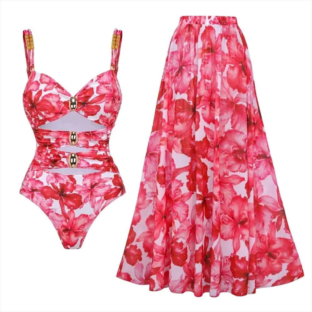 Cut Out One Piece Swimsuit with Skirt