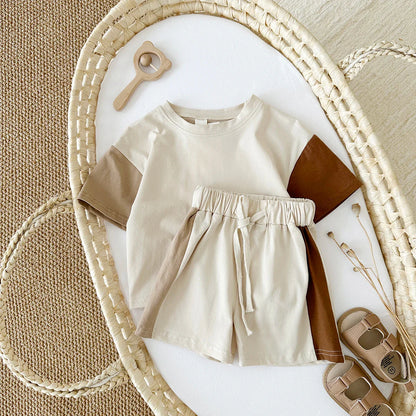 2Pcs Kids Solid Short Sleeve Elastic Waist Suit