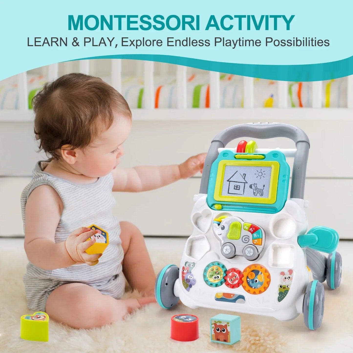 Cartoon Baby Push Walker Toy with Drawing Board Music