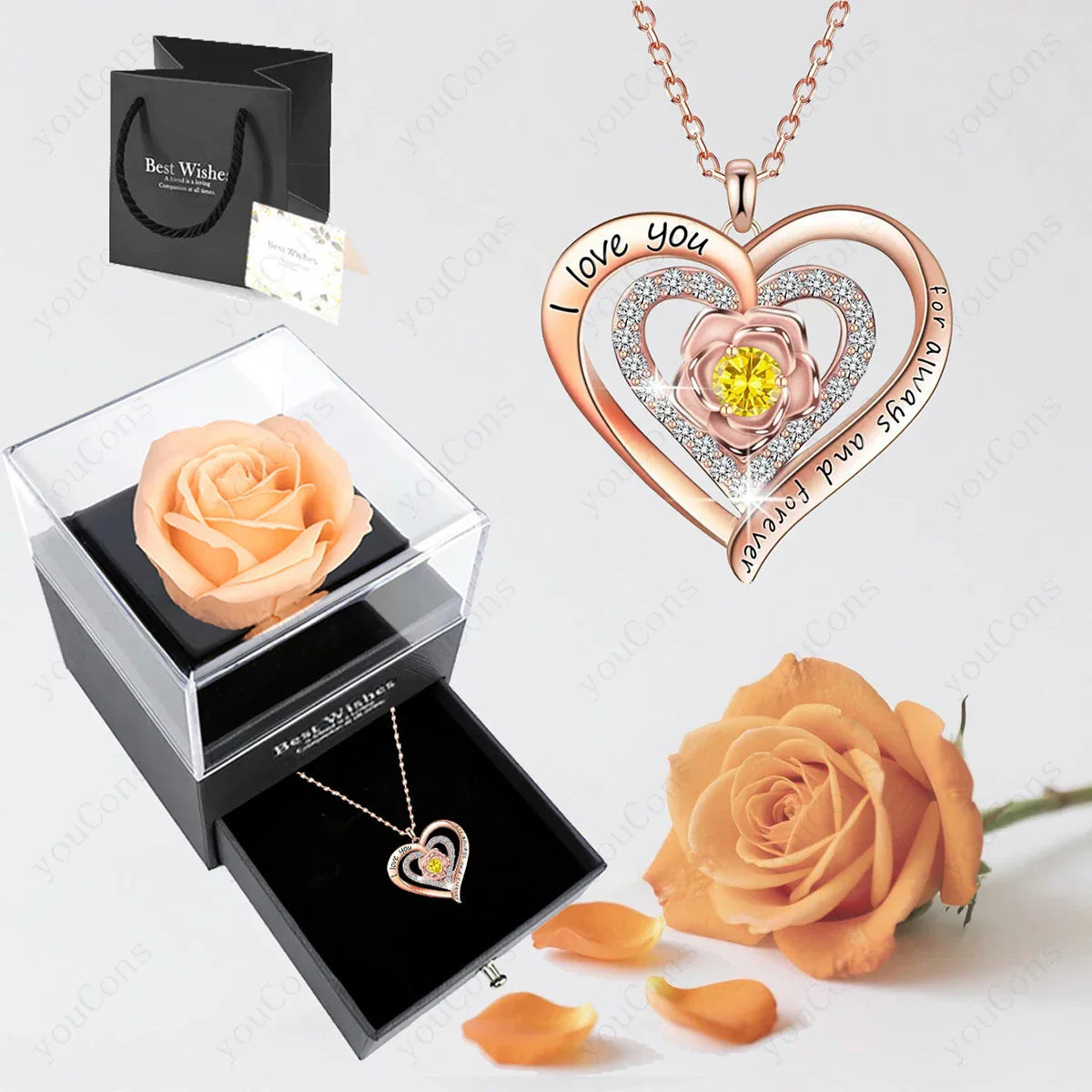 Pink Heart Pendant Necklaces With Rose Gift Box