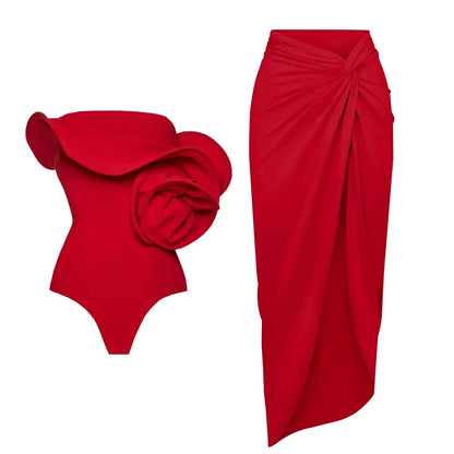 Red Flower One Piece Swimsuit Women Swimwear 2025