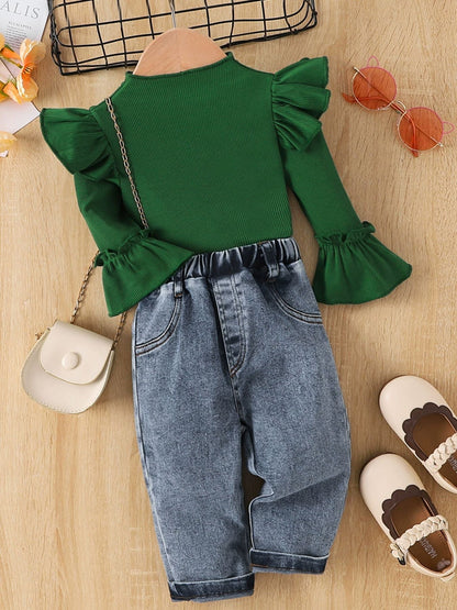 Children's Ruffle Trim Ribbed Top & Jeans Set
