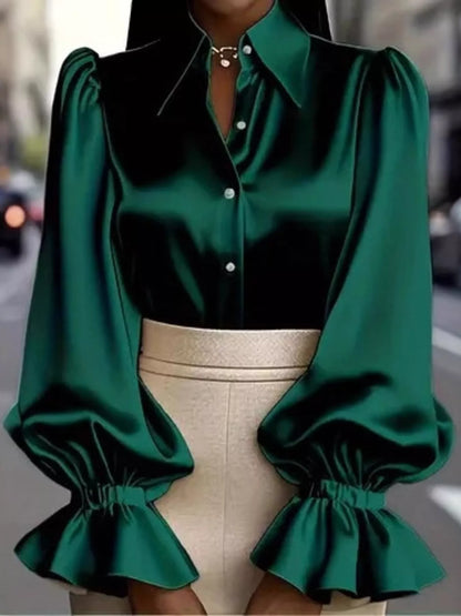 Satin Button Up Flounce Sleeve Shirt