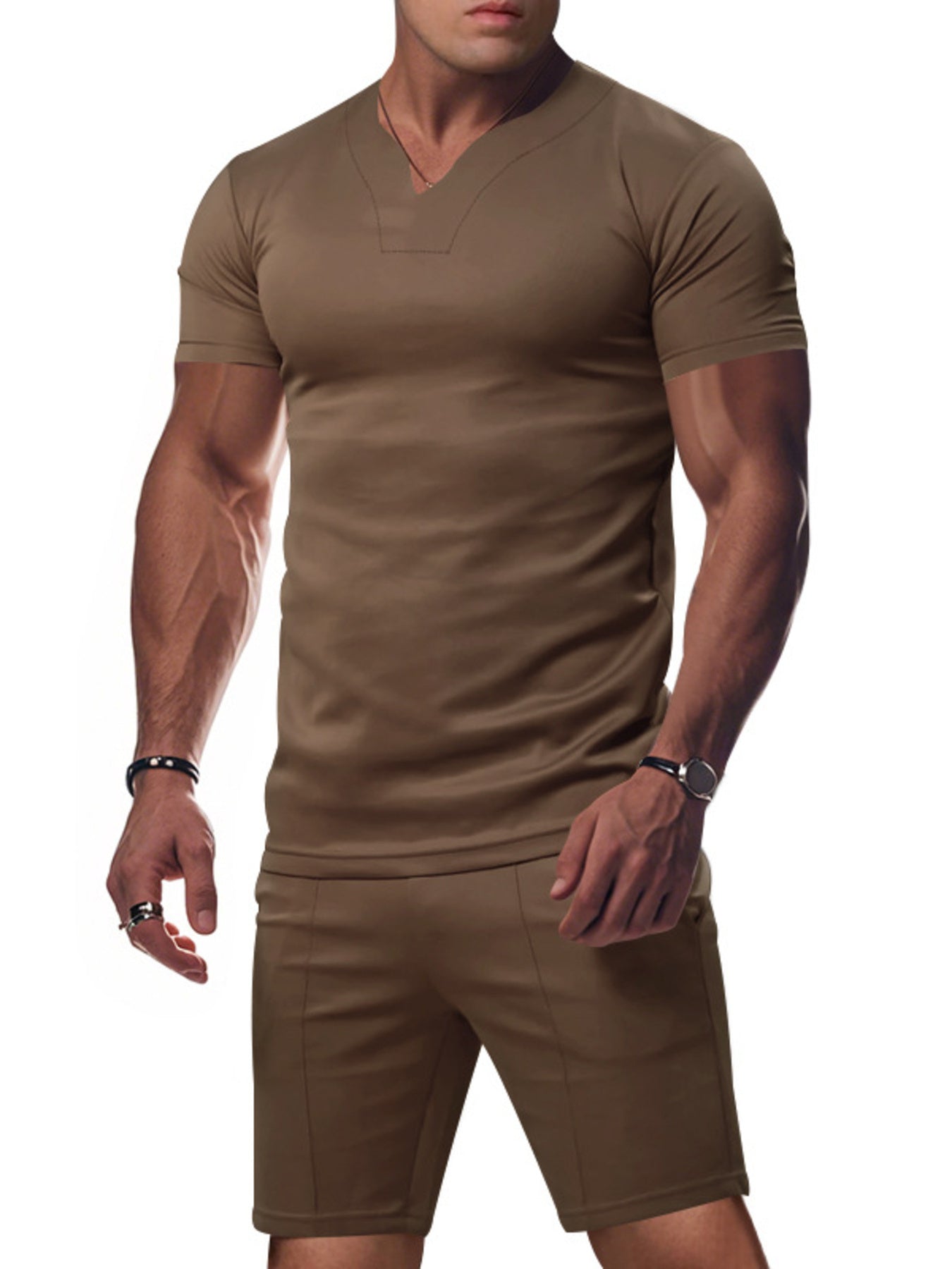 Men's Full Size V-Neck Short Sleeve T-Shirt and Shorts Set Plus Size