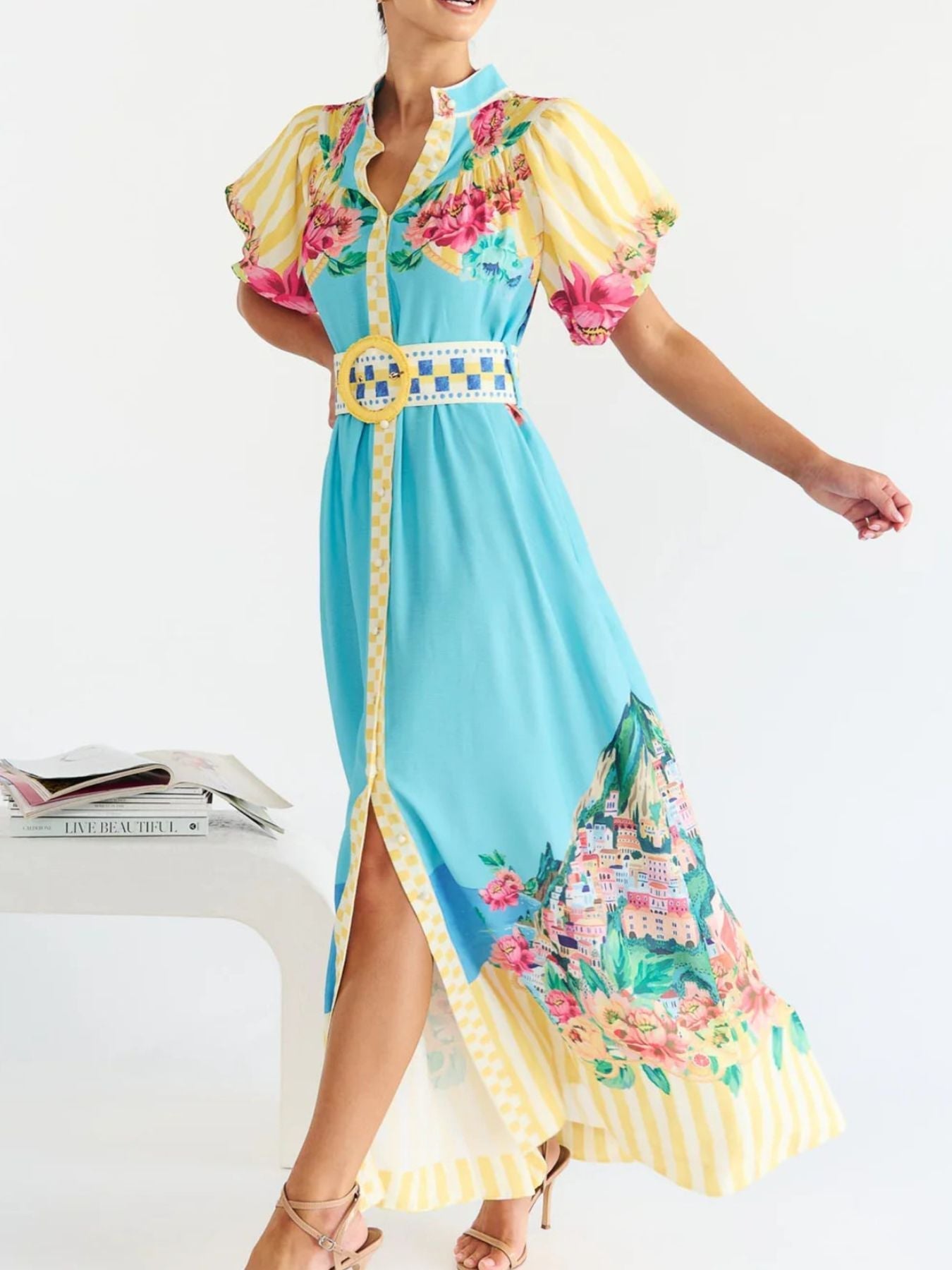 Printed Button Front Puff Sleeve Dress