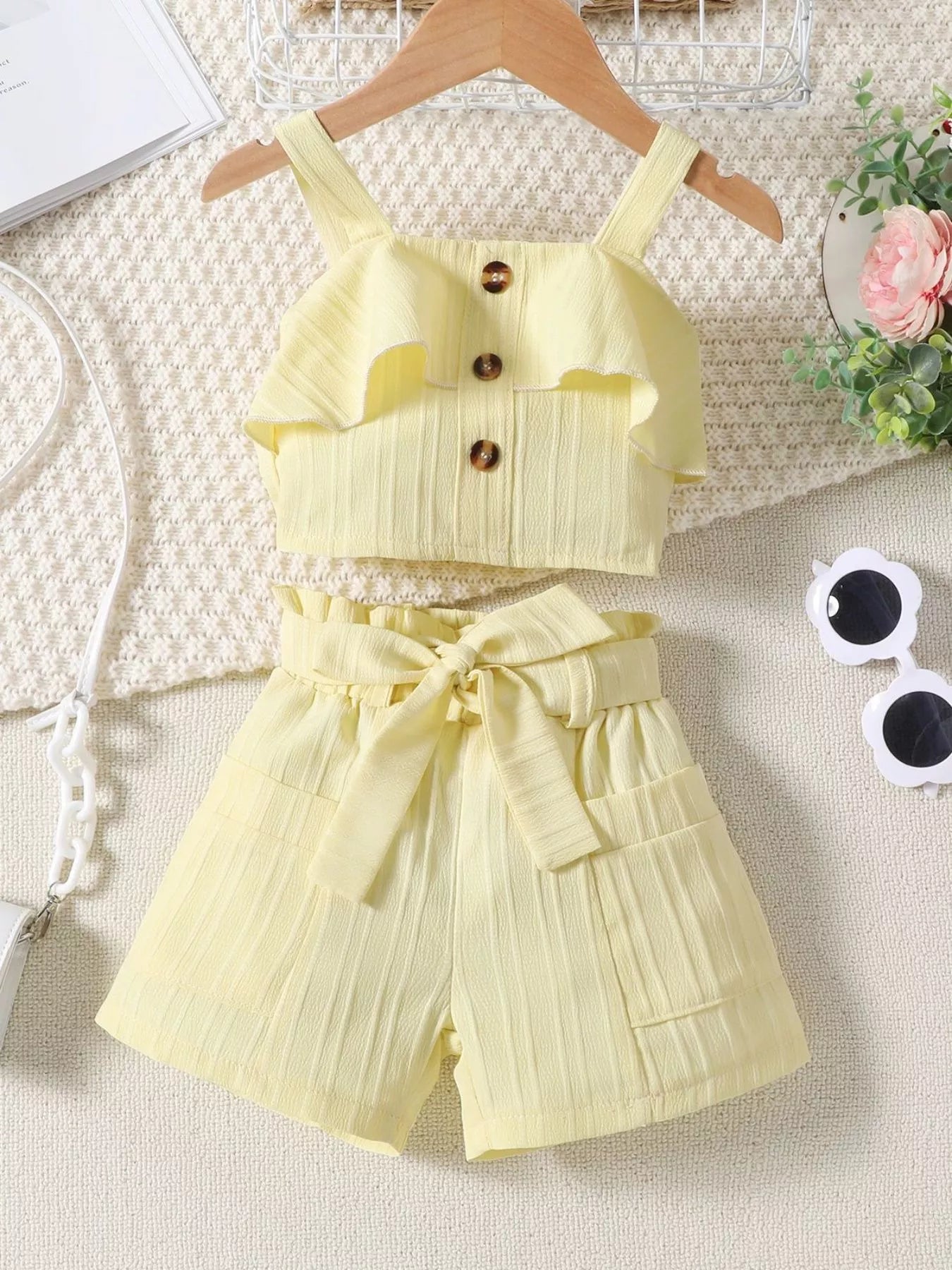 Children's Ribbed Ruffle Trim Top & Shorts Set