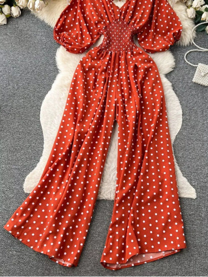 Smocked V-Neck Wide Leg Jumpsuit