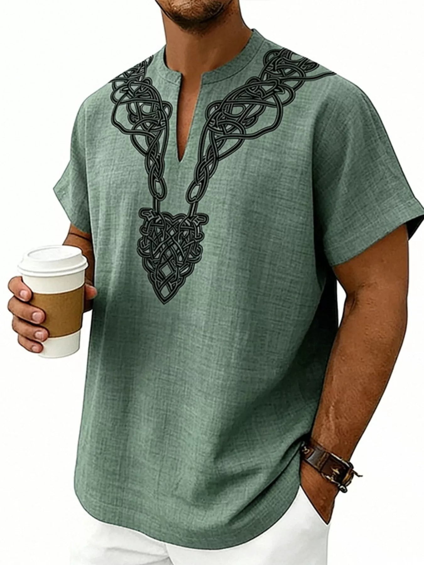 Men's Full Size Notched Printed Short Sleeve Blouse Plus Size