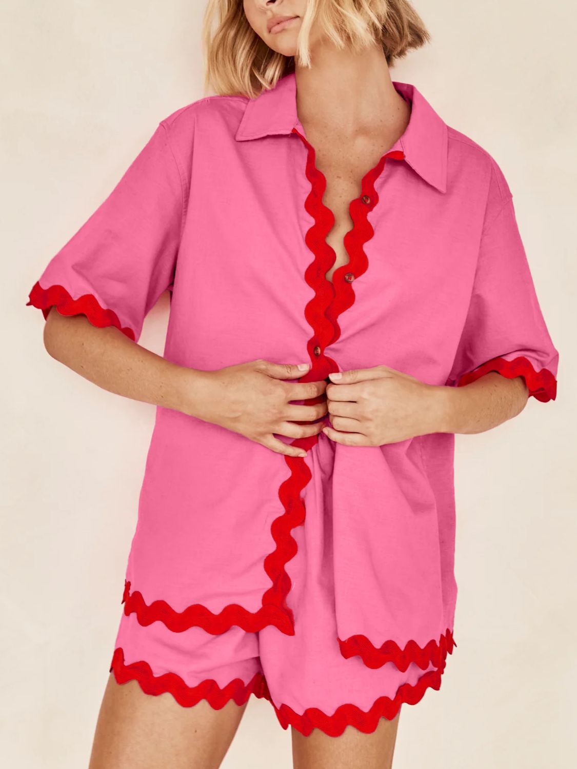 Contrast Trim Half Sleeve Shorts Set