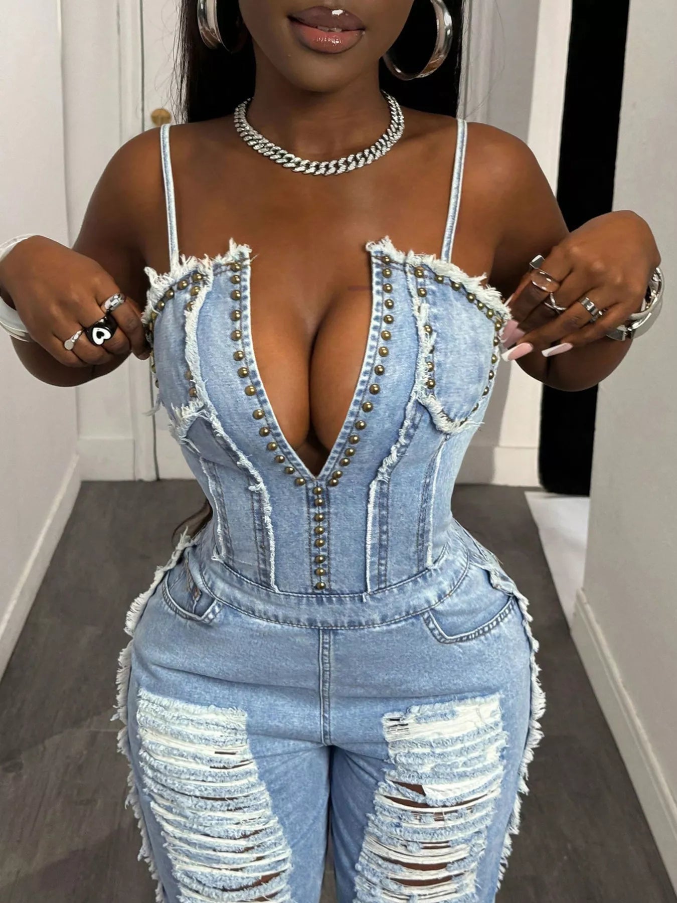 Distressed Spaghetti Strap Wide-Leg Denim Jumpsuit