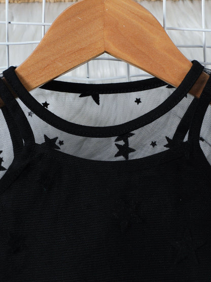 Children's Cami & Star Print Mesh Top & Ruffle Denim Skirt Set