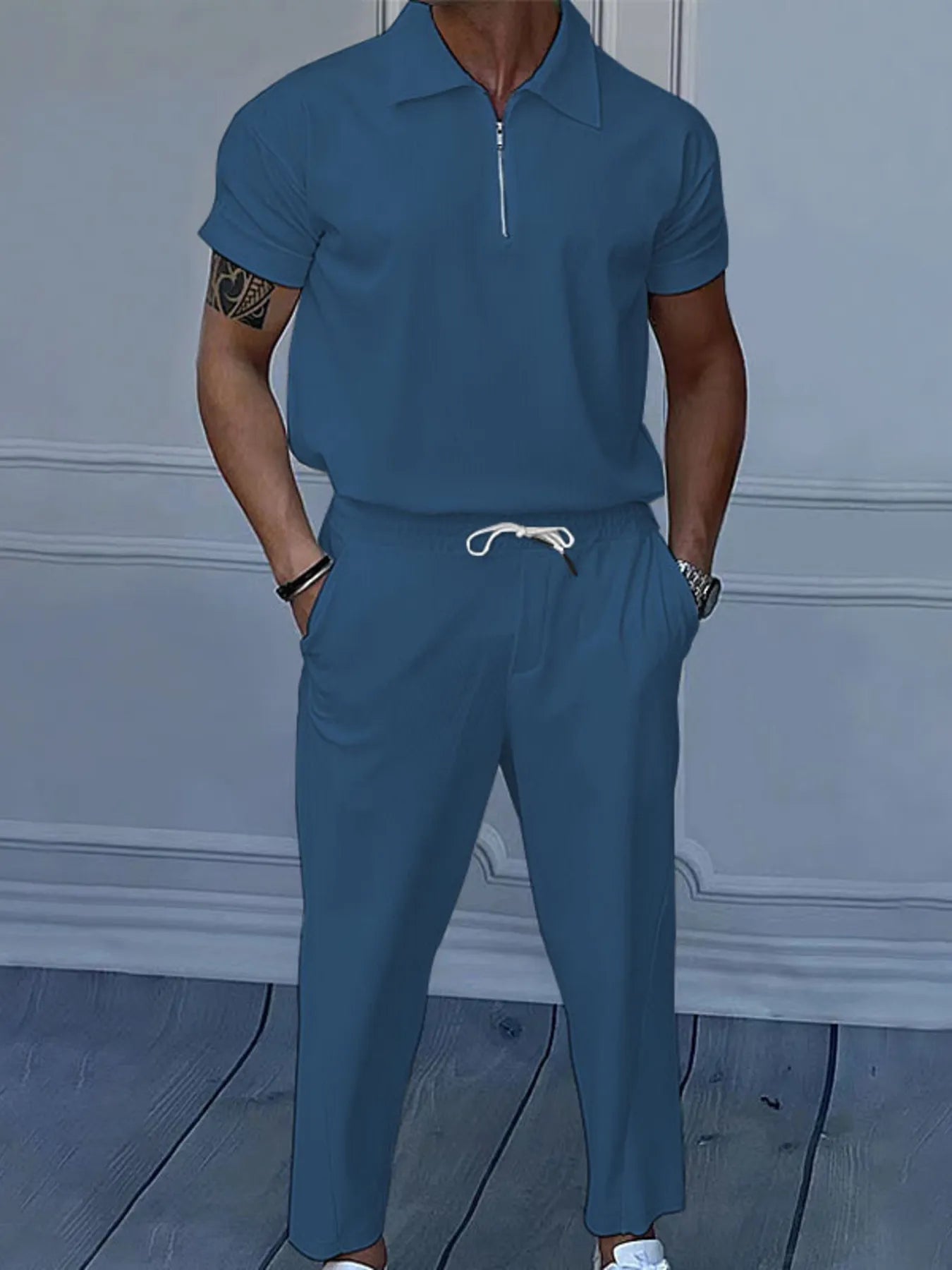 Men's Quarter Zip Short Sleeve Polo and Pants Set
