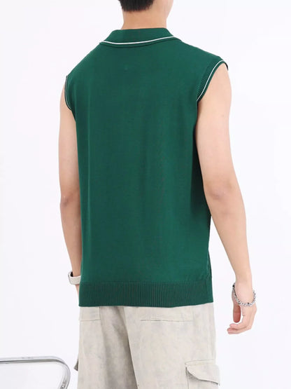 Men's Plus Size Knitted Polo Collar Zip-Up Sleeveless Top