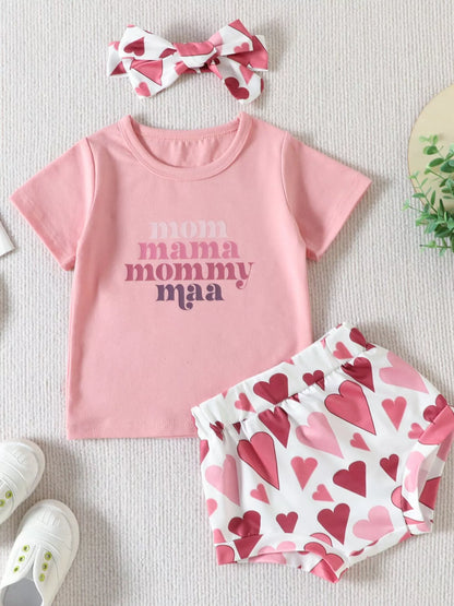 Children's Mama Graphic Tee and Leopard Shorts Set with Headband