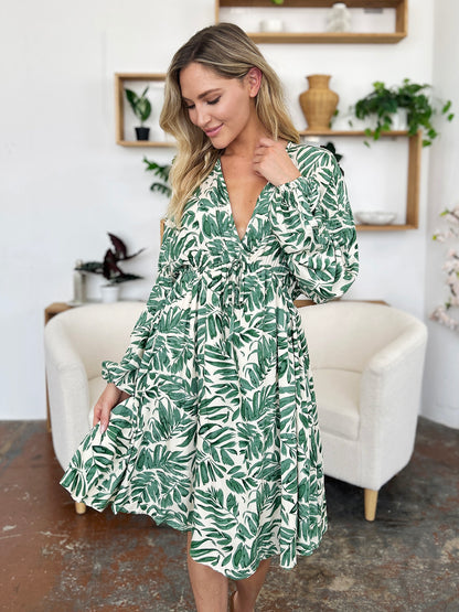 Printed Ruched Balloon Sleeve Dress - MONLANE