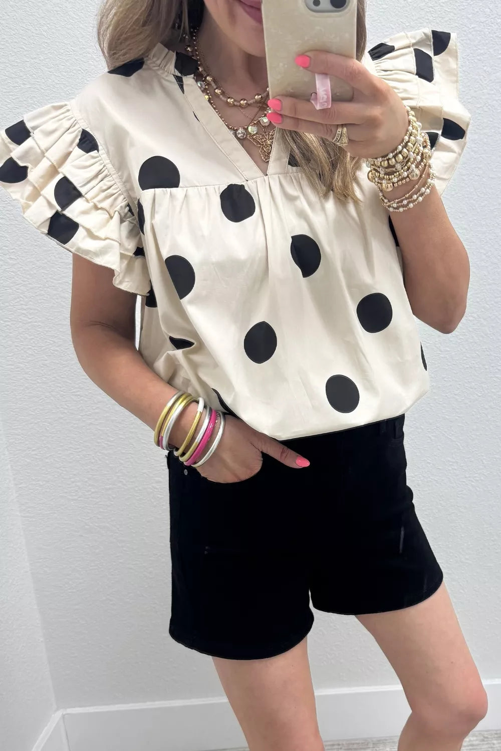 Casual Polka Dot V-Neck Short Sleeve Blouse