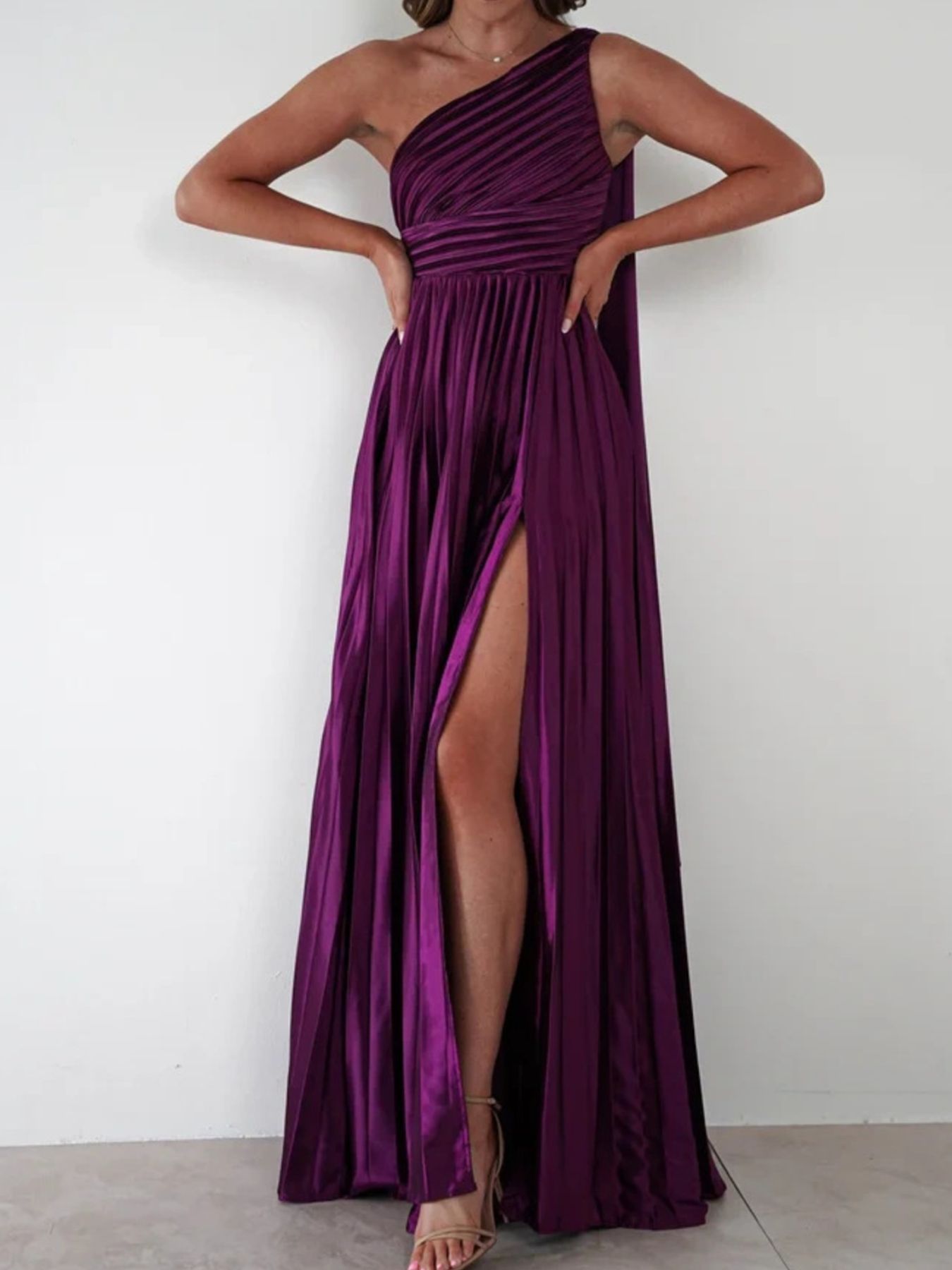 One-Shoulder Pleated Slit Dress
