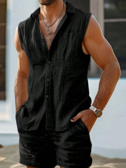 Men's Plus Size Casual Button Up Vest & Shorts Set