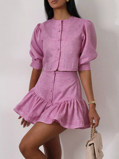Puff Sleeve Cropped Top and Ruffled Skirt Set