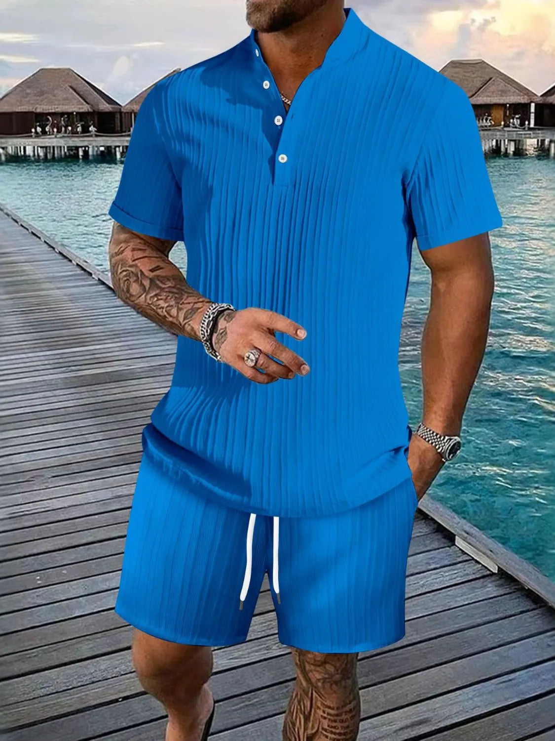 Men's Button Detail Short Sleeve Top and Shorts Set