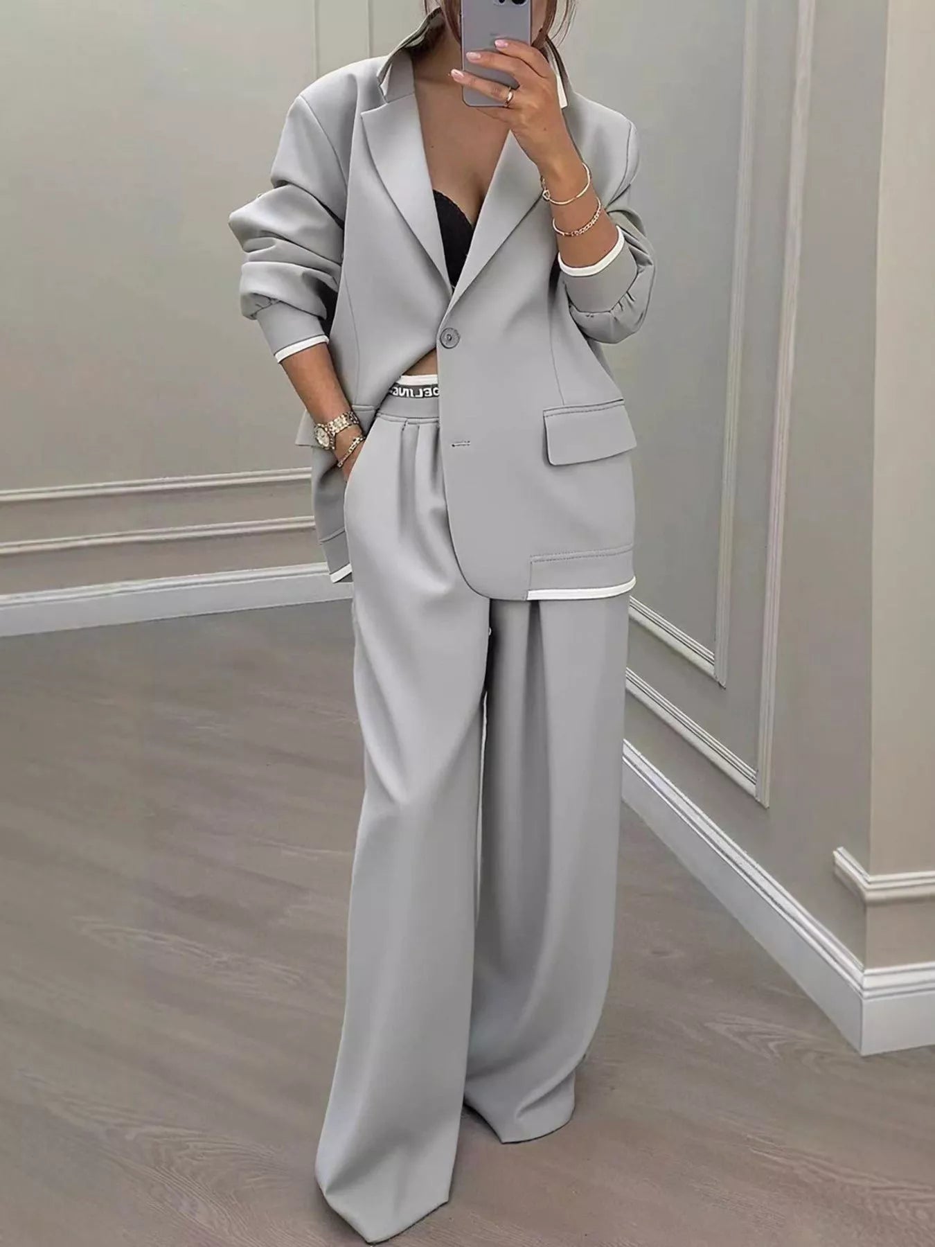 Full Size One Button Blazer & Wide Leg Pants Set Plus Size