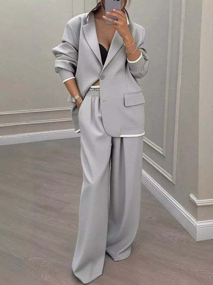 Full Size One Button Blazer & Wide Leg Pants Set Plus Size