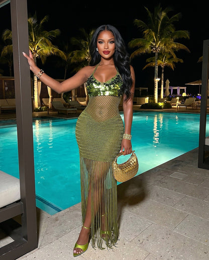 Knitted hand hook perspective sequin fringe strap beach skirt
