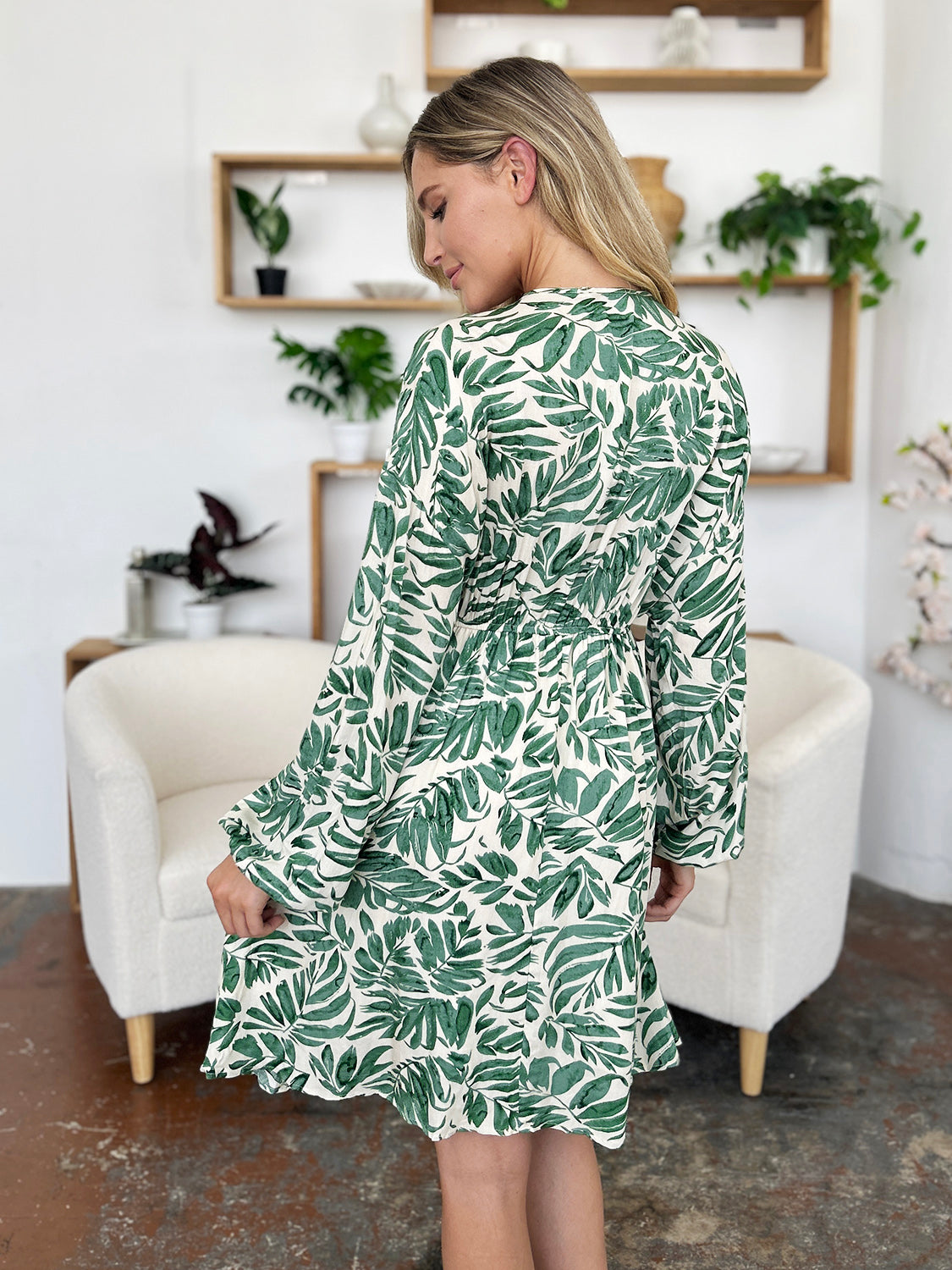 Printed Ruched Balloon Sleeve Dress - MONLANE